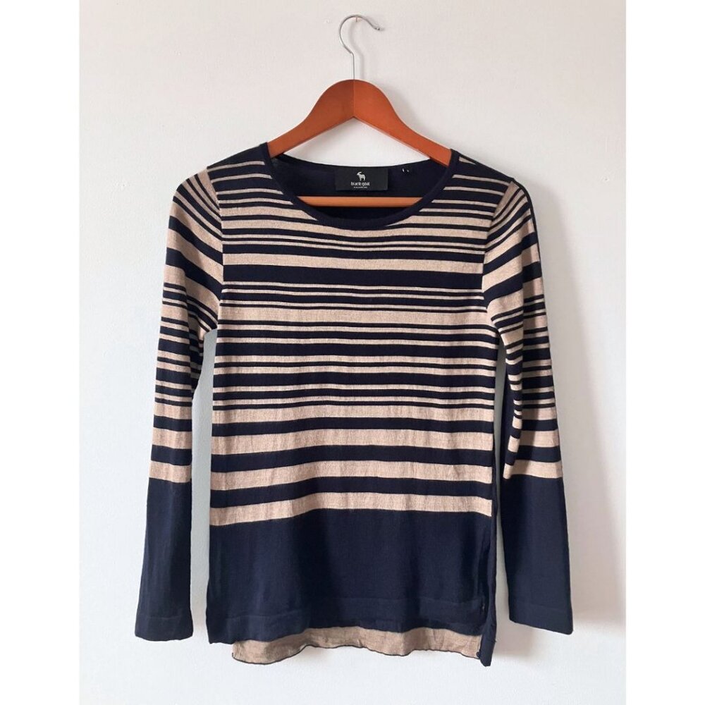 Black Goat Cashmere Crew Neck Striped Sweater Navy Tan Size Small